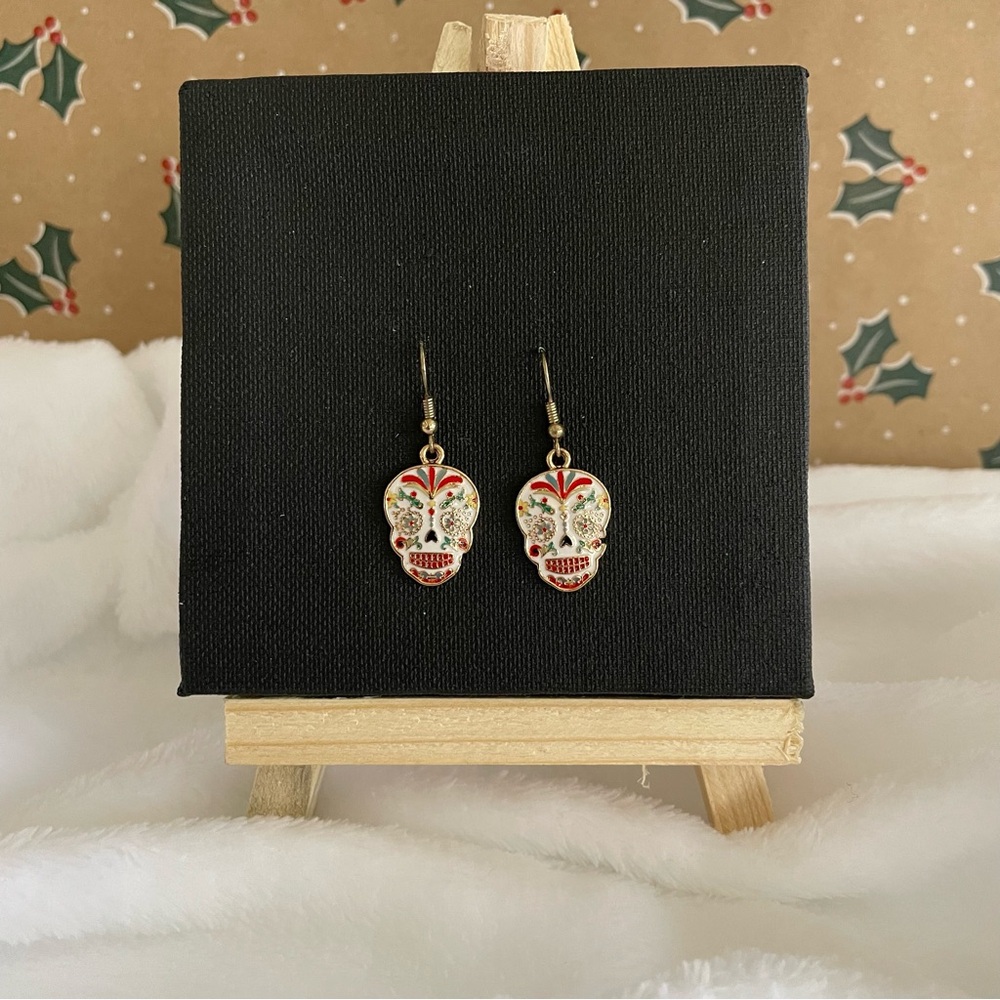 Day of the dead Skull Design Earrings with Red and gold Accents